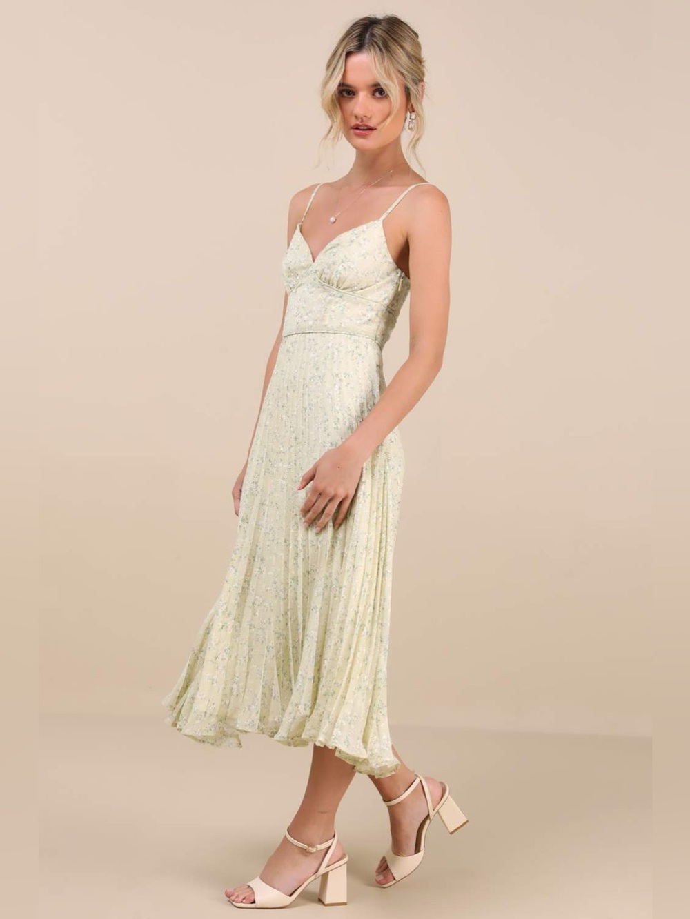 Darling Favorite Yellow Floral Sleeveless Pleated Midi Dress - Picture 2 of 6